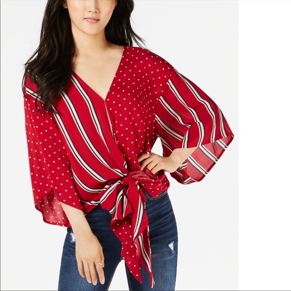 Polly & Ester Stripes and Dots Tie Front Blouse Medium
